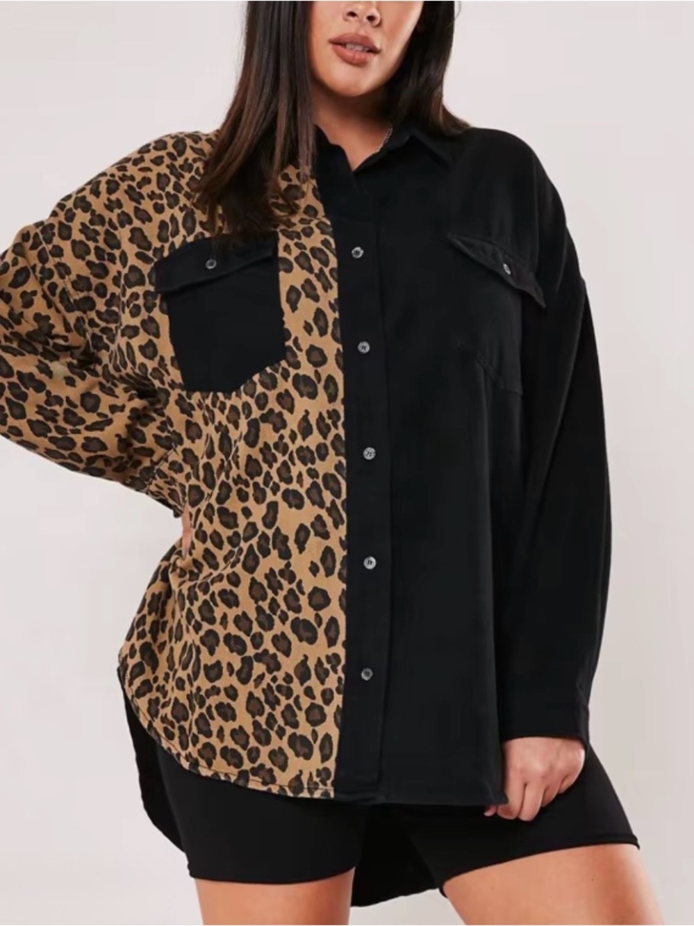 Missguided + Two-Tone Leopard Half & Half Oversized Jacket - Black/Tan